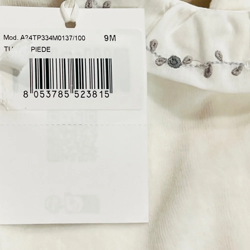 Il Gufo baby white cotton velour jumpsuit floral embroidered collar Size 9M NWT